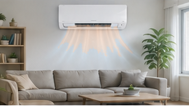 Minisplit inverter distribuyendo aire caliente en una sala, ejemplo de calefacción eléctrica eficiente para espacios residenciales de uso frecuente.