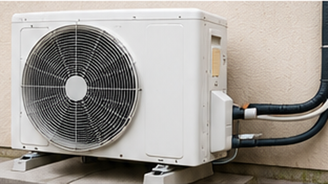 Unidad exterior de un minisplit frío/calor con conexiones aisladas, base estable y espacio suficiente para circulación de aire y mantenimiento