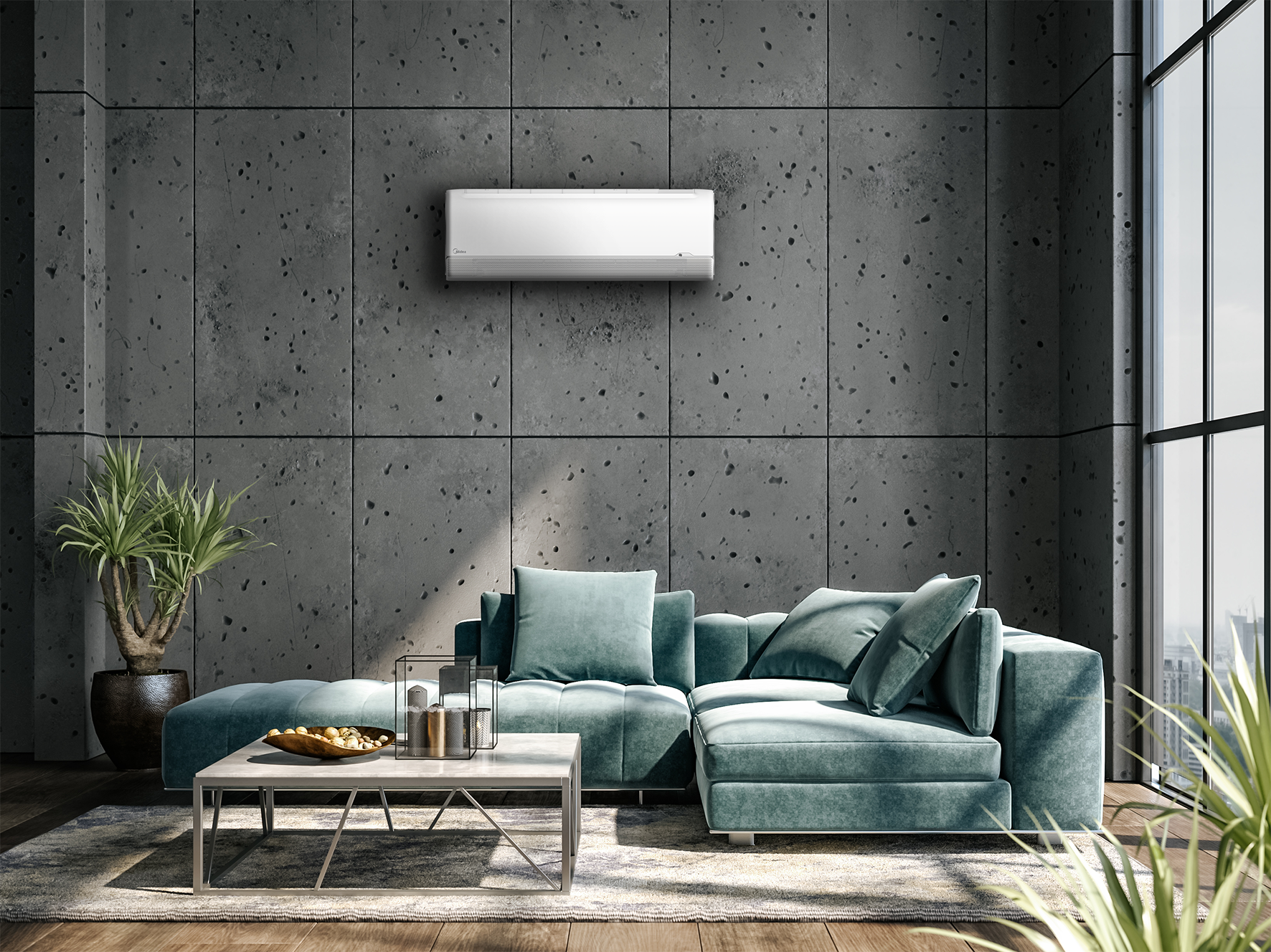 Minisplit inverter  color blanco  en recámara con diseño industrial
