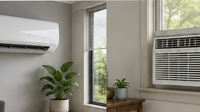 Comparación entre minisplit y aire de ventana en una habitación, dos soluciones comunes de aire acondicionado residencial en México.