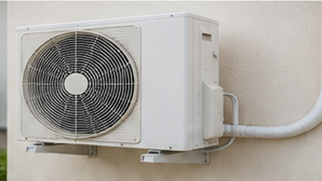 Unidad exterior de minisplit instalada con soportes, líneas frigoríficas protegidas y espacio adecuado para ventilación y mantenimiento.