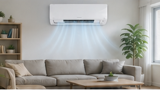Minisplit mural distribuyendo aire en una sala, solución silenciosa y discreta para espacios residenciales de uso frecuente