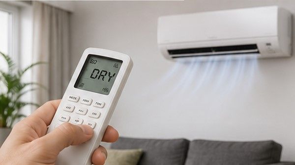 Minisplit en modo Dry dentro de una sala cálido-húmeda, con control remoto
