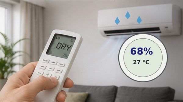 Sala con minisplit y higrómetro marcando humedad elevada, condición en la que el modo Dry puede mejorar el confort sin enfriamiento intenso.