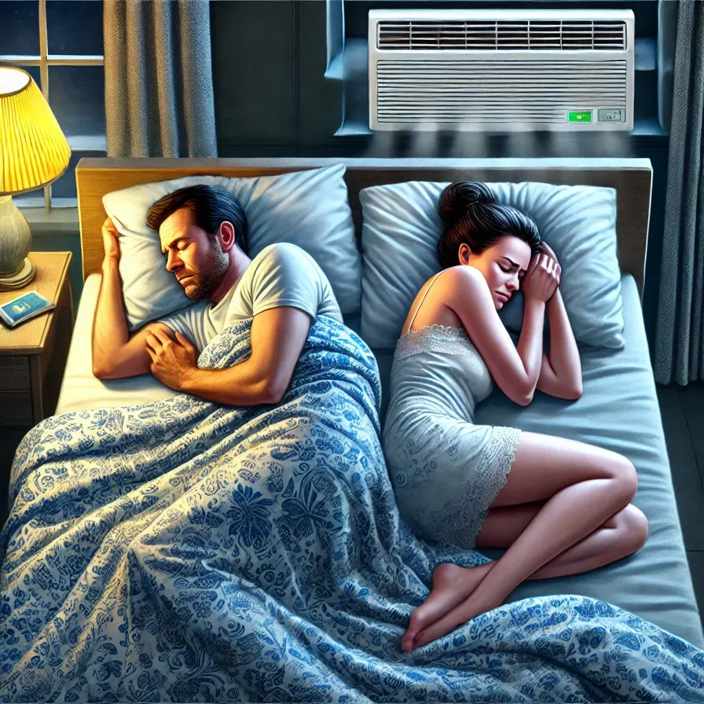 Esposa mostrando un mayor grado de incomodidad por el frío, mientras su esposo duerme profundamente y cómodo bajo la manta.