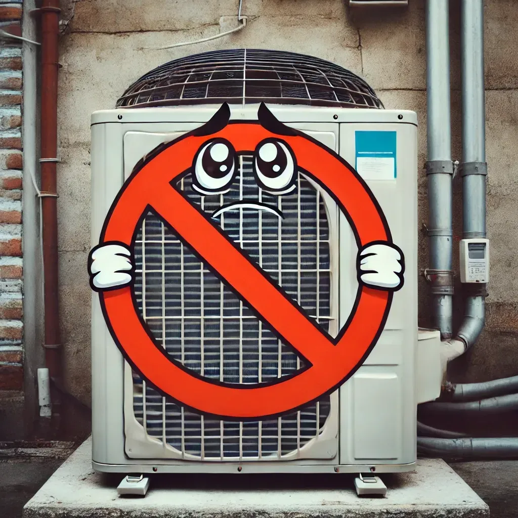 La unidad de aire acondicionado tiene un toque humorístico, con una expresión triste o derrotada, bajo el símbolo de prohibición.