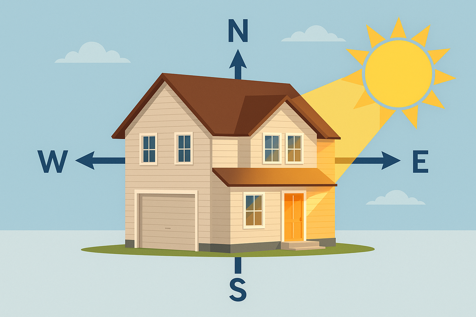 Ilustración de casa con puntos cardinales y trayectoria del sol, mostrando cómo la orientación incrementa o reduce las cargas térmicas en un proyecto HVAC.