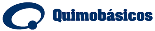 Un logo de quimobasicos azul sobre un fondo blanco.