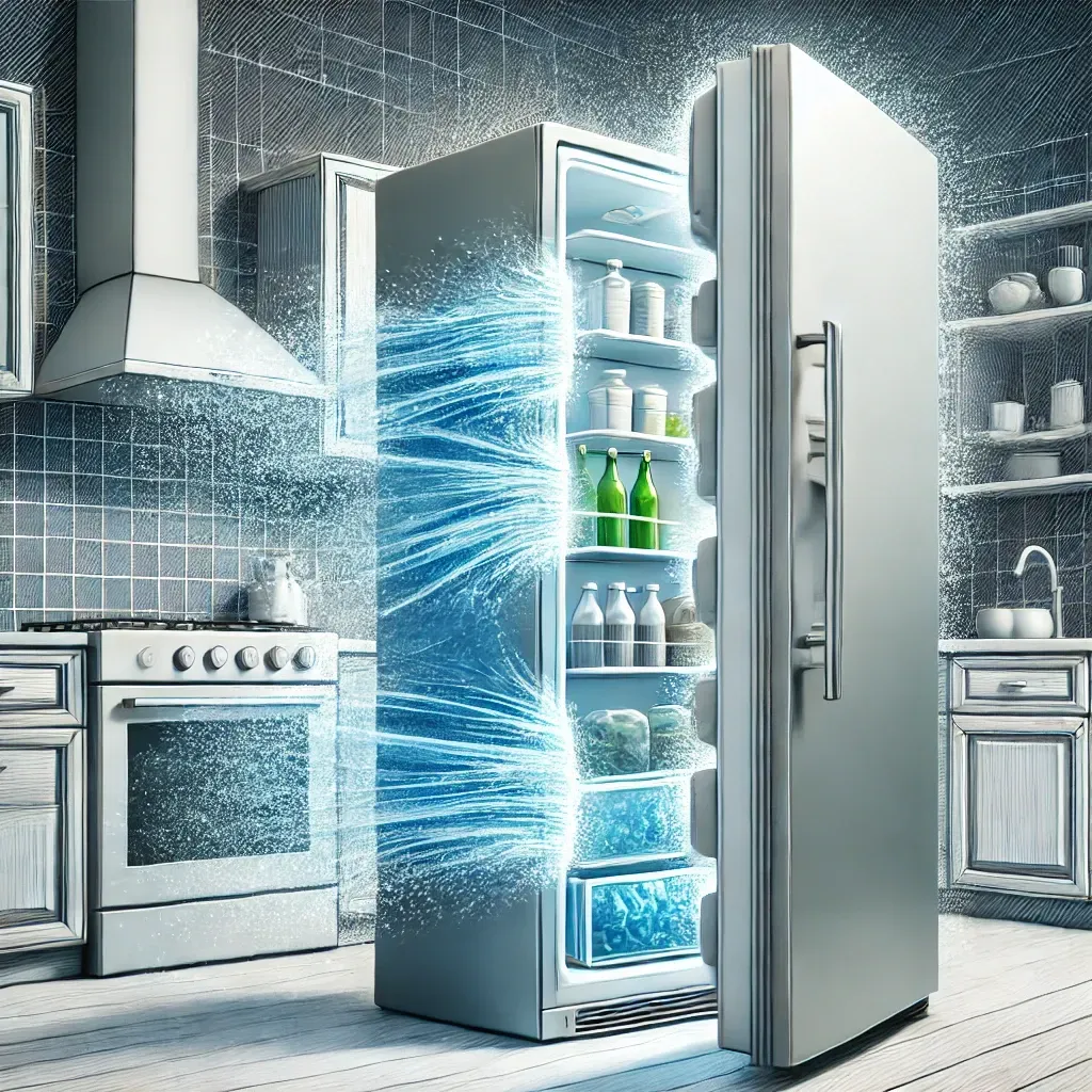 Un refrigerador abierto con aire frío saliendo y elementos visibles como escarcha y alimentos enfriados dentro