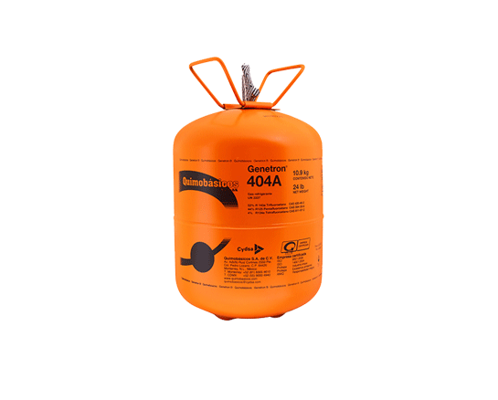 Un gran cilindro de gas naranja que dice 404a