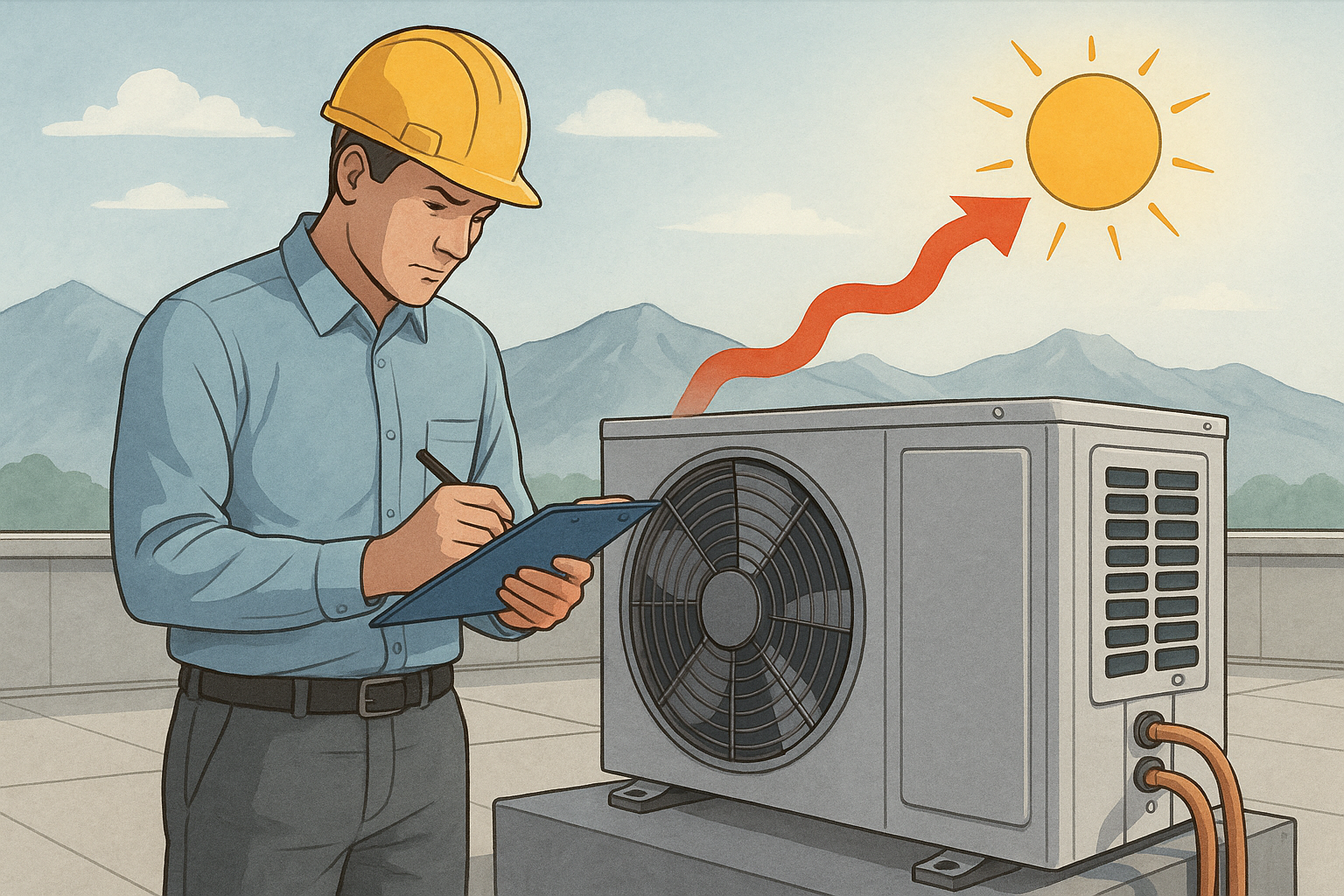 Ilustración de técnico evaluando unidad de aire acondicionado en azotea de alta elevación, mostrando cómo la menor presión atmosférica afecta la eficiencia del compresor.
