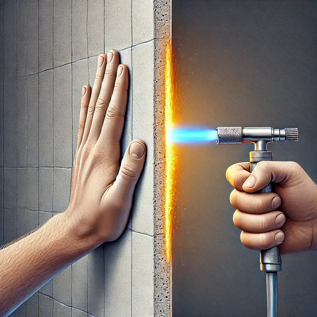 Un muro en corte, con una mano de un lado sin afectarse por el calor de un fuerte soplete del otro lado, destacando las propiedades aislantes del muro.