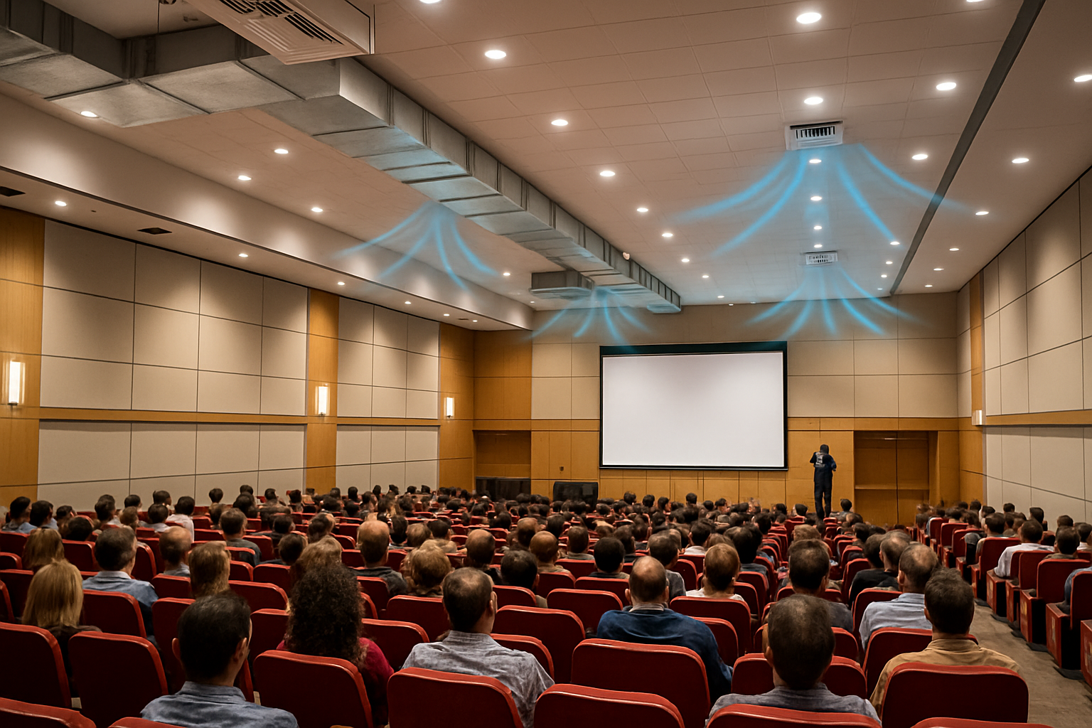 Auditorio moderno climatizado, con personas sentadas y sistema de aire visible en techo.
