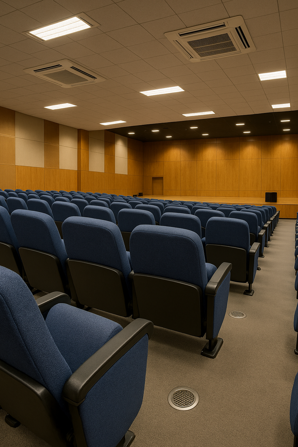 Sistema VAV en funcionamiento con difusores de aire en asientos o piso del auditorio.