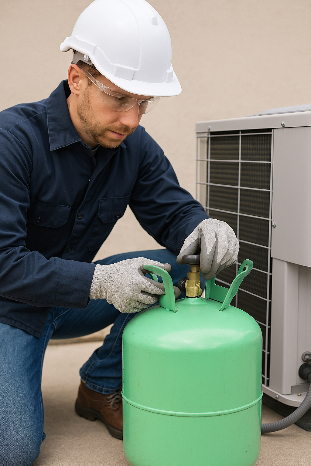 Técnico HVAC manipulando un cilindro de refrigerante con precaución, mostrando responsabilidad ambiental