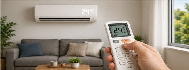 Control remoto configurado a 24 °C frente a un minisplit residencial