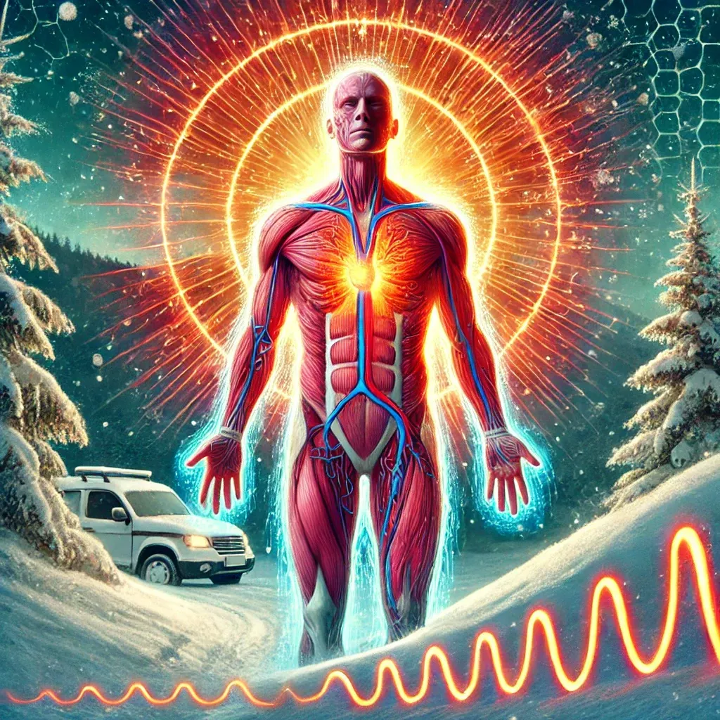 Representa la termogénesis, mostrando a una persona en un ambiente frío, con su cuerpo generando calor y ondas cálidas radiando hacia afuera.