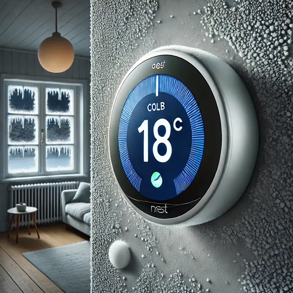  Termostato de pared, Google Nest, configurado a 18 grados, con un ambiente muy frío visible en el entorno
