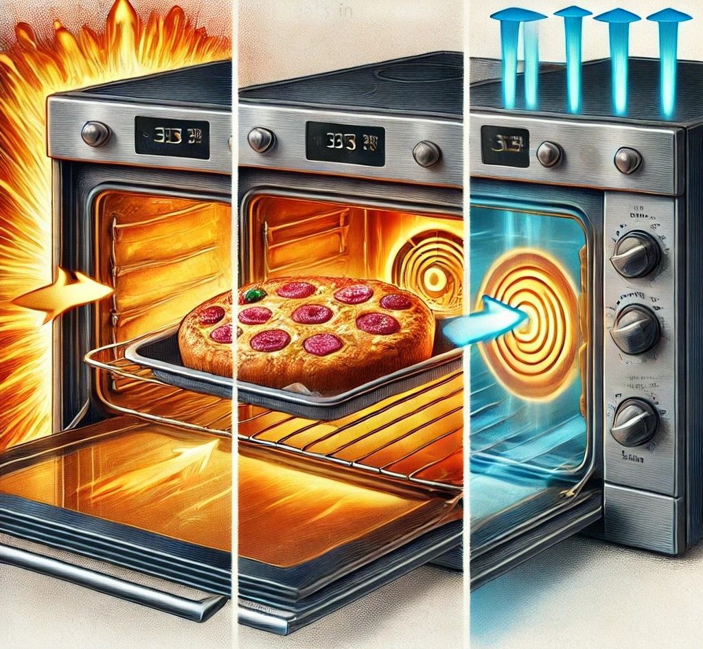 Los tres procesos de transferencia de calor al cocinar en un horno: convección, radiación y conducción.