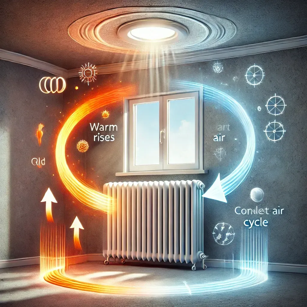 Representa cómo el aire caliente sube desde un radiador hacia el techo, mientras que el aire frío desciende hacia el suelo, creando un ciclo de convección que calienta la habitación de manera uniforme.