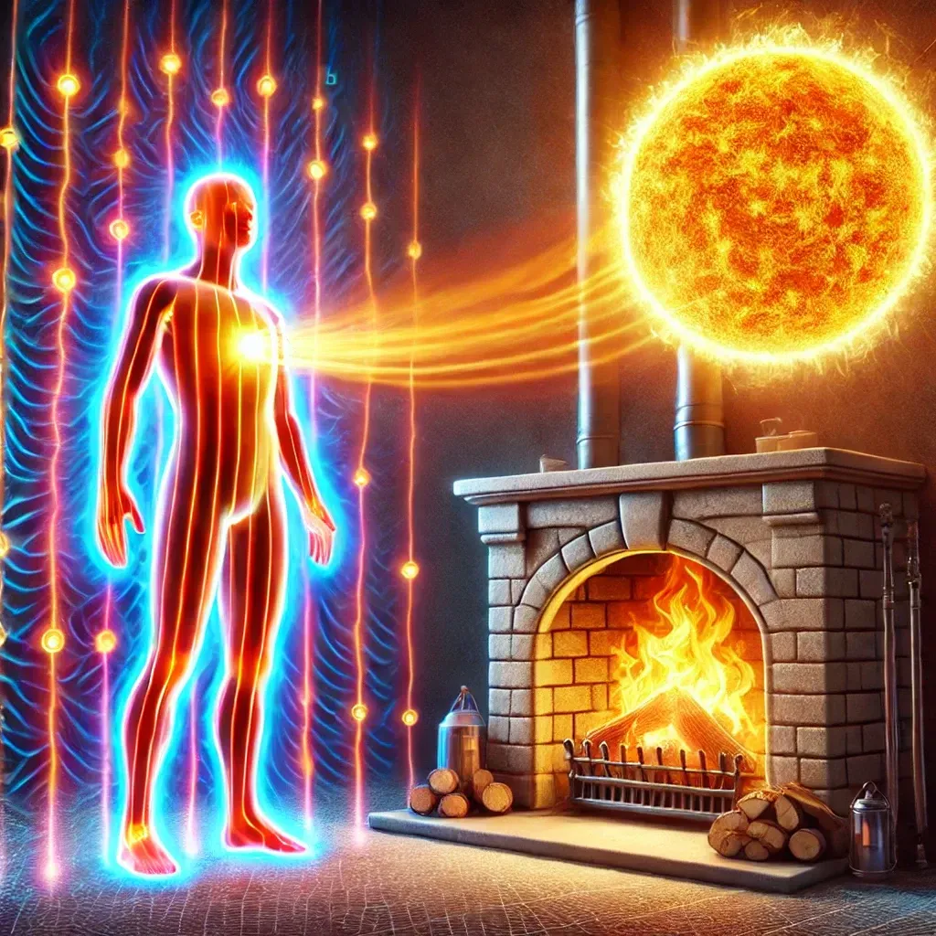Representa la radiación térmica, mostrando cómo las ondas de energía viajan desde una chimenea o el sol hasta la piel de una persona, calentándola sin contacto directo.