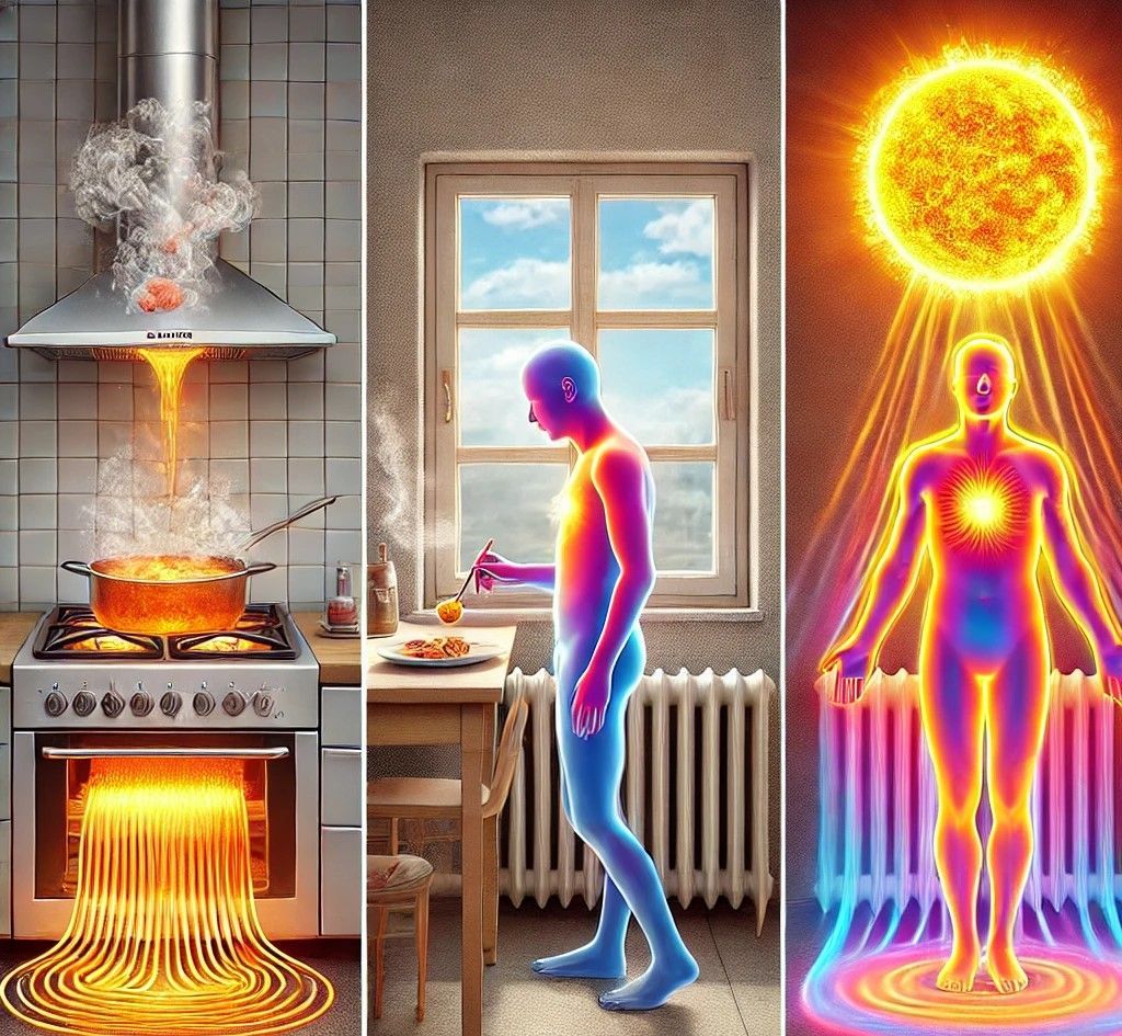Las tres situaciones de transferencia de calor: cocinando en la estufa (conducción), calentando una habitación con un radiador (convección), y sintiendo el calor del sol en la piel (radiación).