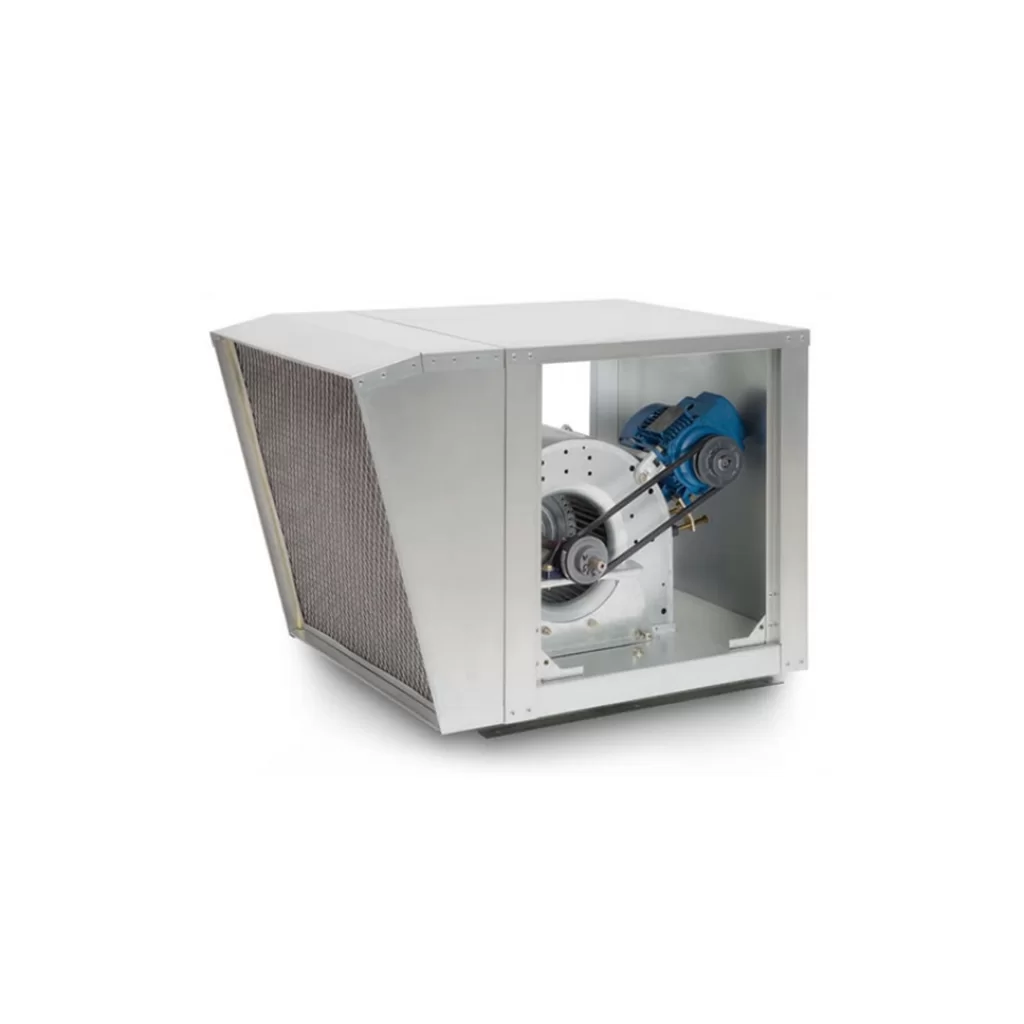Una caja blanca con un ventilador dentro sobre un fondo blanco.