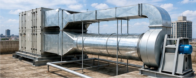 Sistema de ventilación mecánica en azotea con unidad de tratamiento de aire, ventilador y ductos para renovar aire en edificios comerciales.