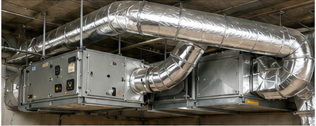 Unidad de tratamiento de aire conectada a ductos de suministro y extracción, componente central de un sistema HVAC con ventilación mecánica.