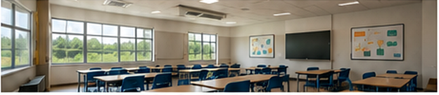 Aula con distribución uniforme de aire y ventilación mecánica diseñada para mantener un ambiente interior limpio, confortable y apto para ocupación.
