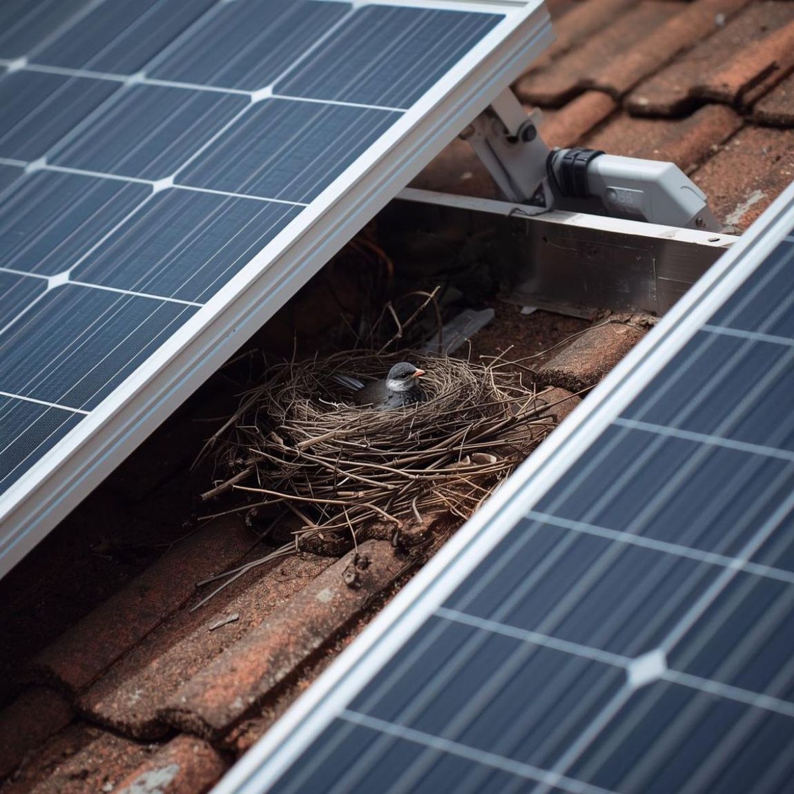 A bird sits in a nest built on a tiled roof in the small space between two solar panels.