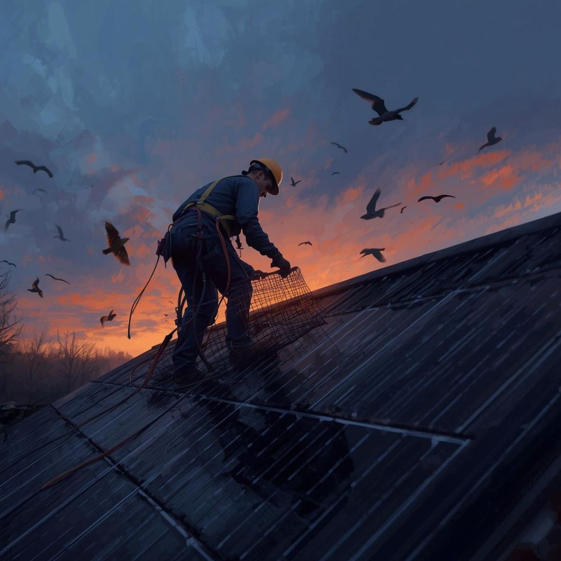 A worker in safety gear stands on a slanted roof at sunset, surrounded by flying birds, while bird proofing solar panels.