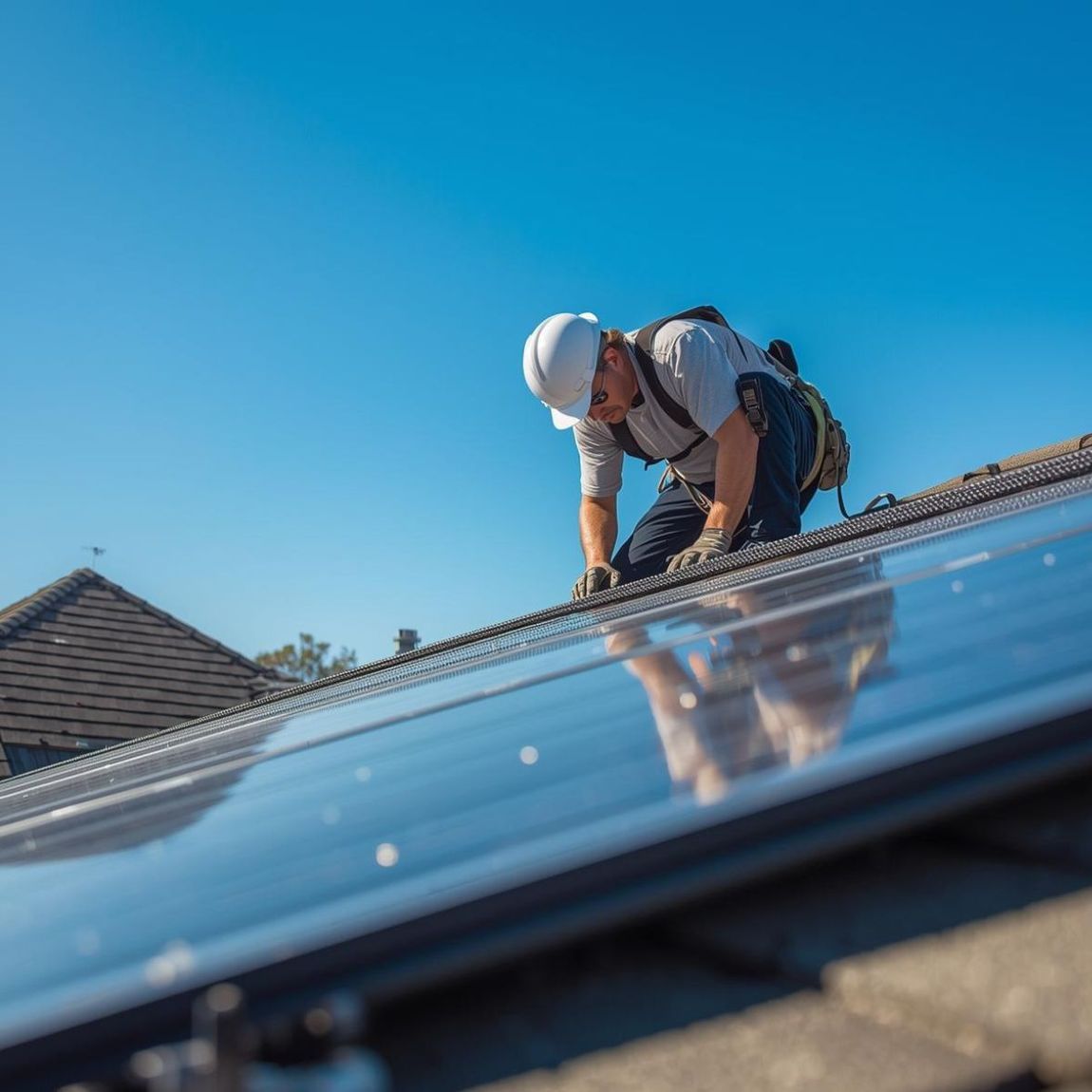 A worker in a white hard hat and safety gear installs solar panels on a slanted, shingled roof under a clear blue sky.