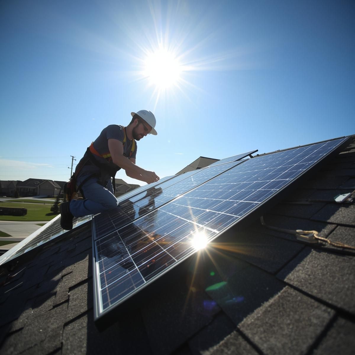 A person in a hard hat and safety gear cleans solar panels on a residential roof under a bright, sunny sky.