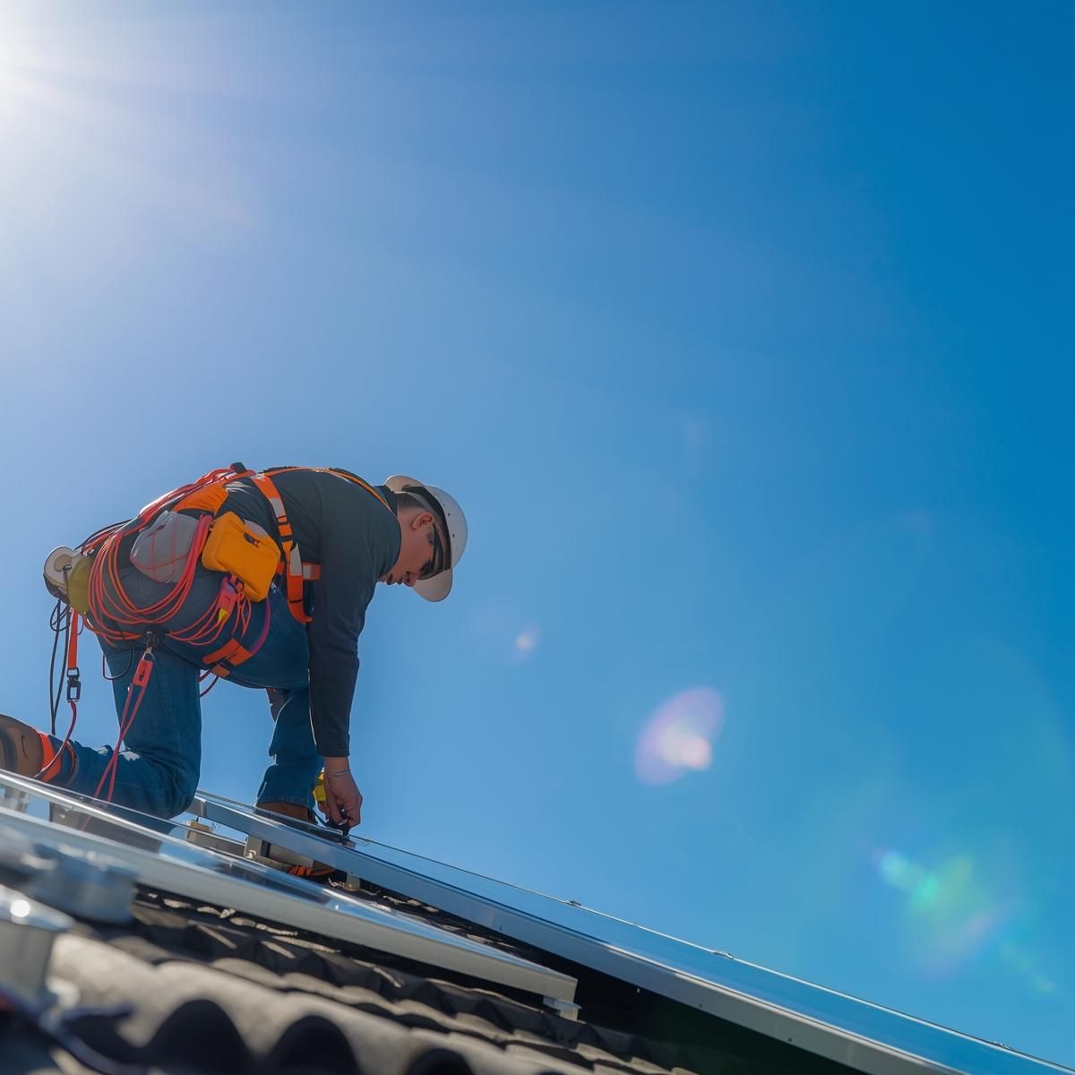 A worker in safety gear cleans solar panels on a dark tiled roof against a bright blue sky.