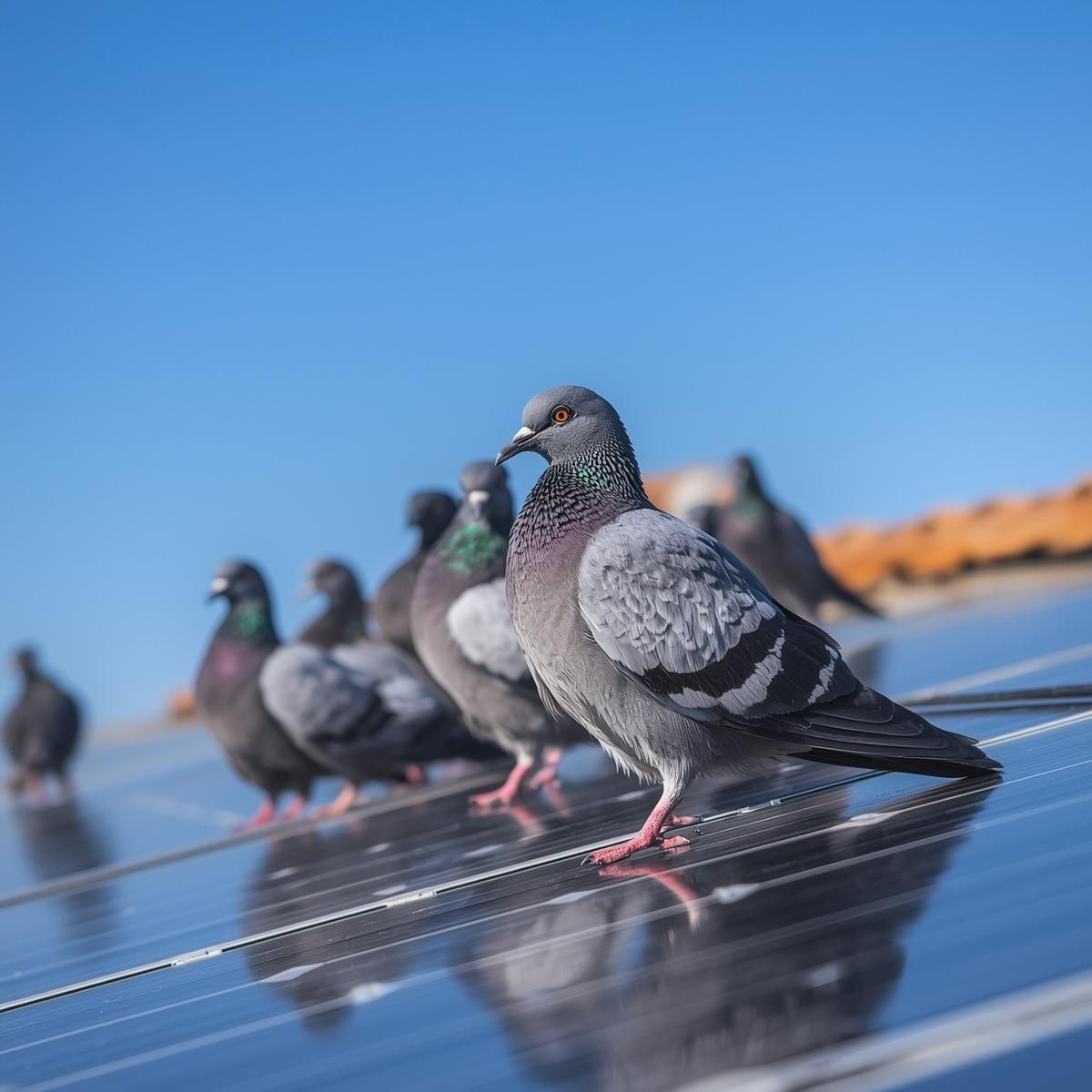 A group of grey pigeons perched on a solar panel against a clear blue sky.