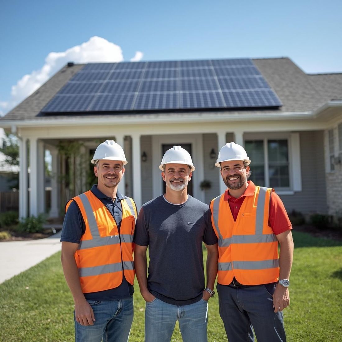 Three workers in hard hats and high-visibility vests stand smiling in front of a house with solar panels on the roof.