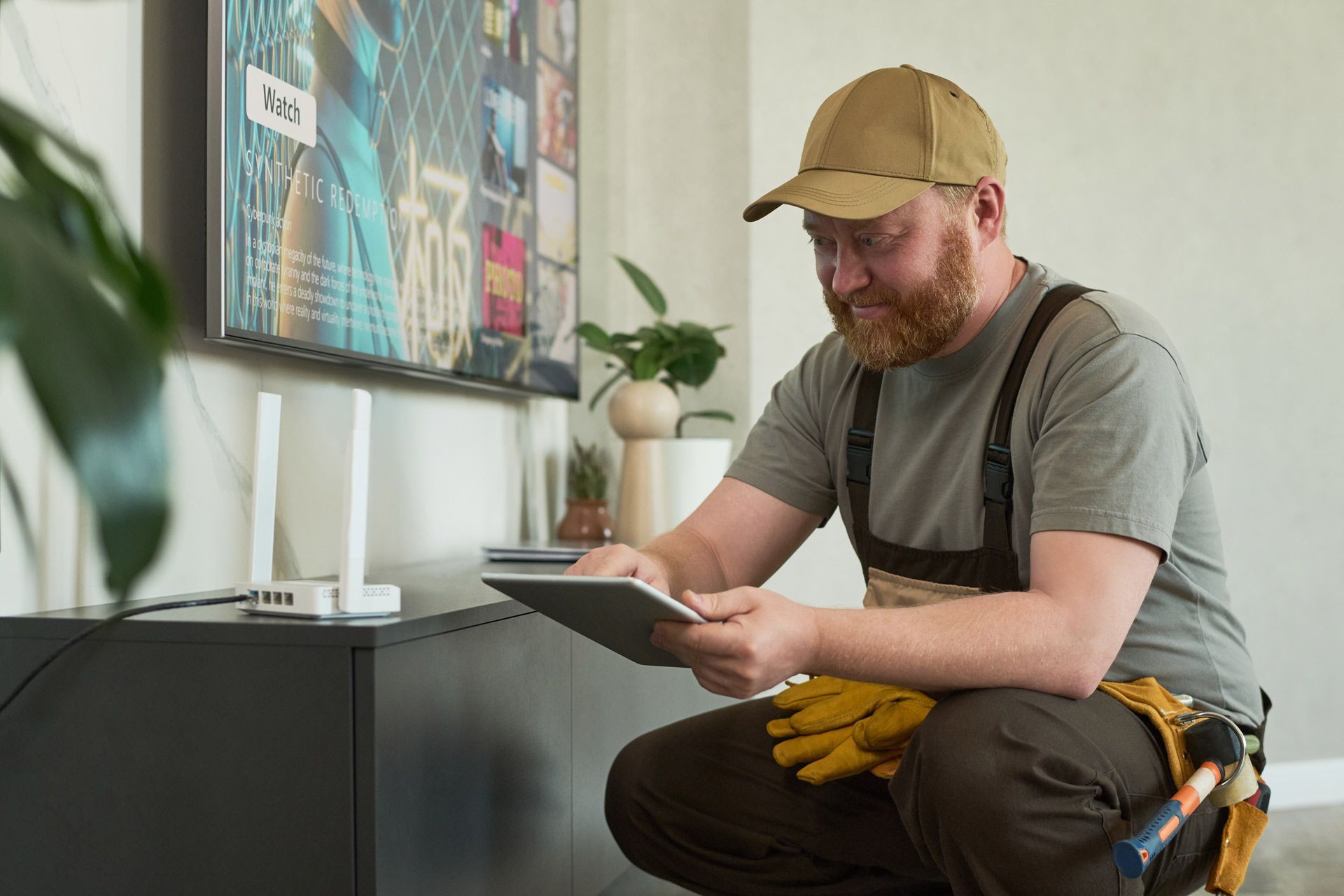 Handyman with tablet by TV and router, checking settings.