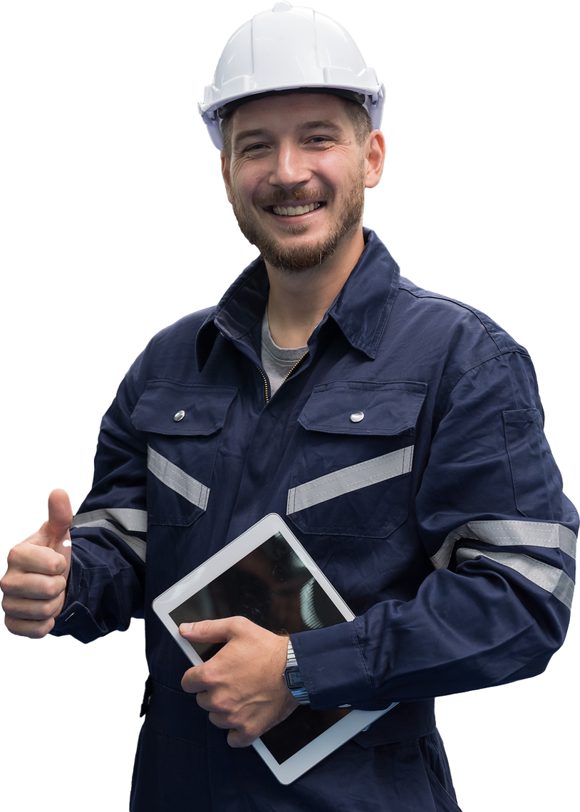 Construction worker in blue jumpsuit and white helmet giving a thumbs-up, holding a tablet, smiling. Construction worker in blue jumpsuit and white helmet giving a thumbs-up, holding a tablet, smiling.