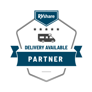 A rvshare delivery available partner badge with a rv on it.