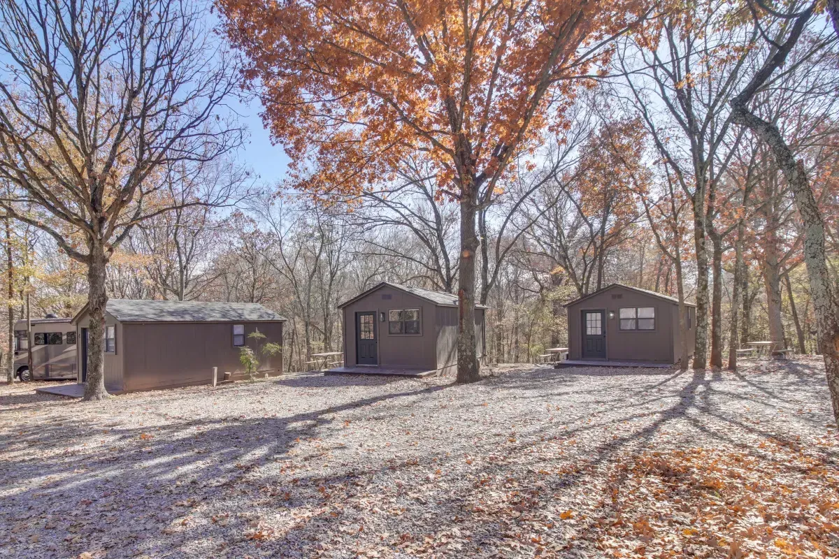 There are two cabins in the middle of the woods.