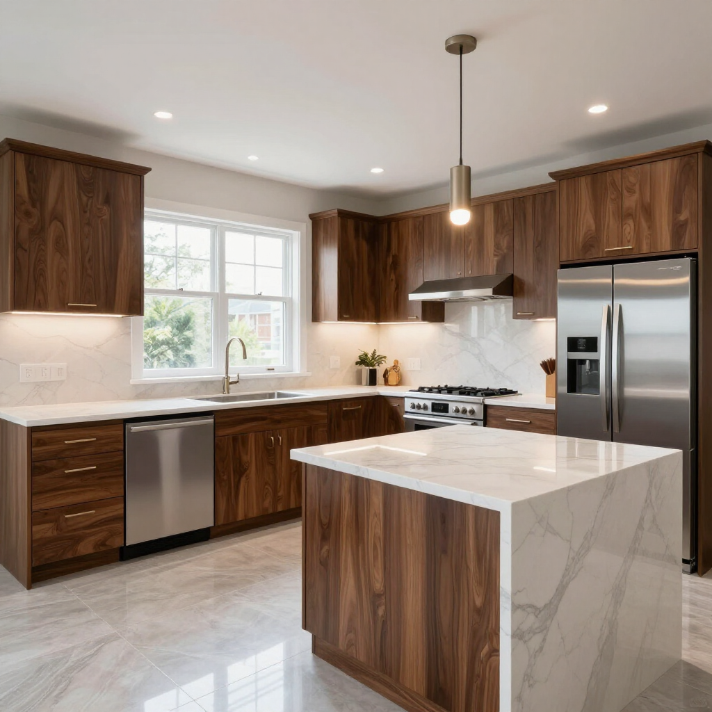 Modern kitchen with walnut cabinetry, stainless steel appliances, and a marble-topped island on light stone flooring.