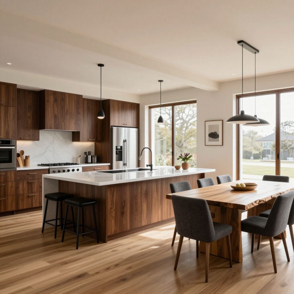 A modern kitchen with dark wood cabinets, a white island, and a natural wood dining table with grey chairs.