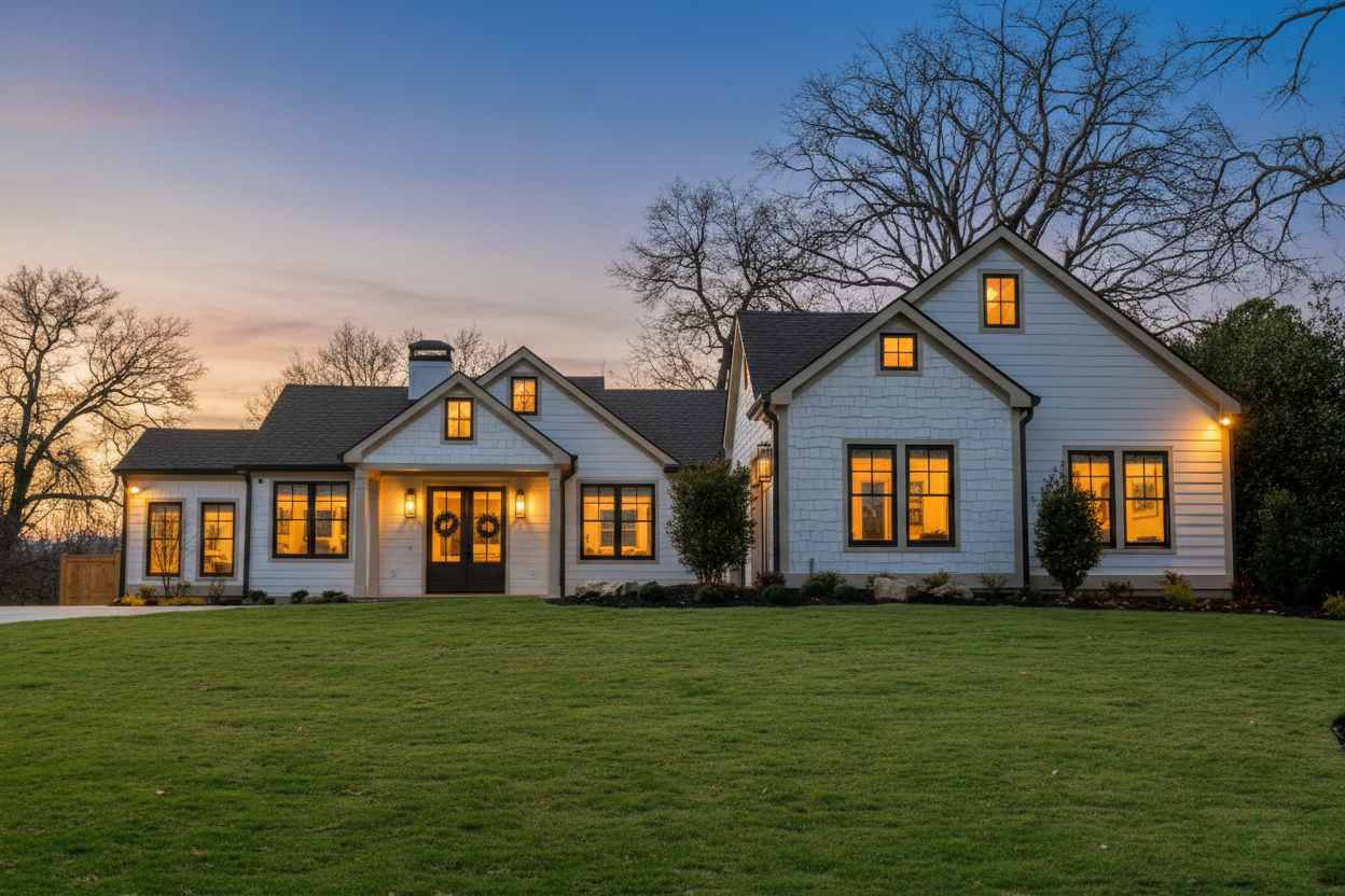 A white single-story farmhouse with a grey roof and glowing warm windows at twilight, set against a grassy lawn.