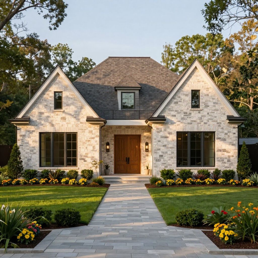 A single-story, stone-clad house with a gray roof and double wooden doors, surrounded by lush lawns and garden beds.