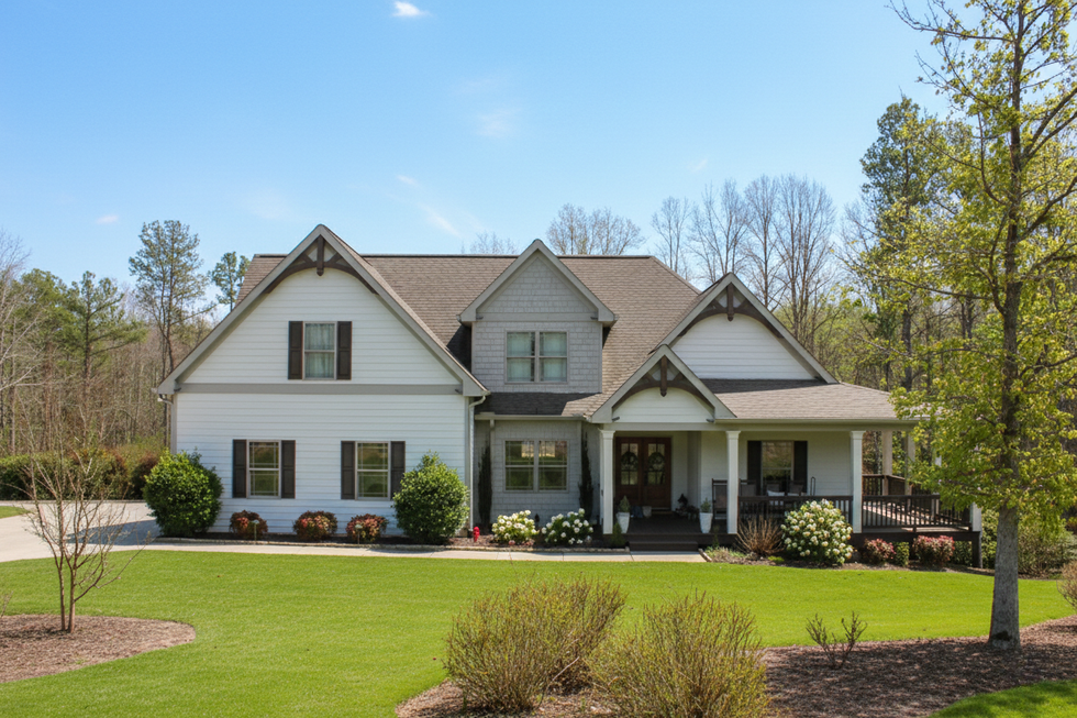 A two-story white house with dark shutters and a large front porch, set in a sunny, green residential lawn.