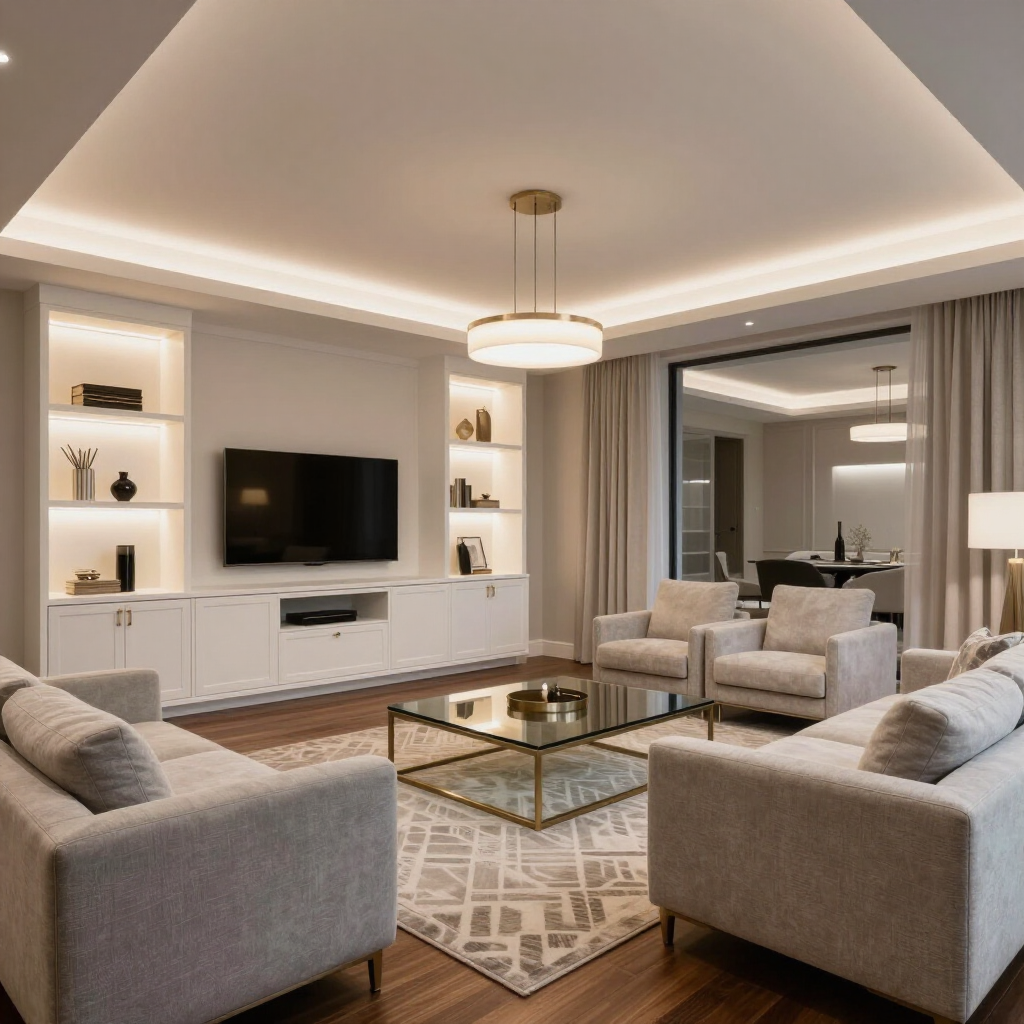 A modern living room with beige sofas, a glass coffee table, white built-in shelving, and a flat-screen television.