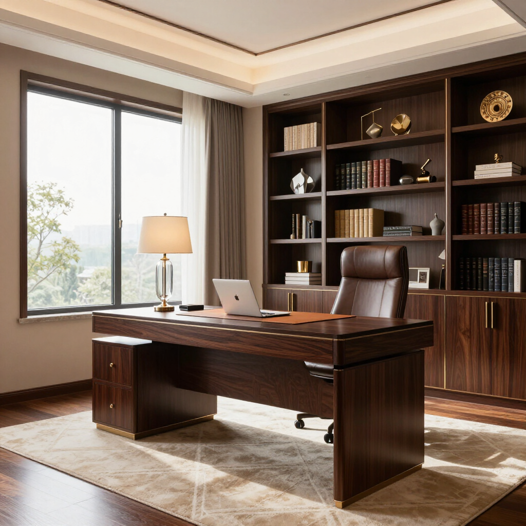 A professional home office featuring a dark wood desk with a laptop and lamp, a leather chair, and a large bookshelf.