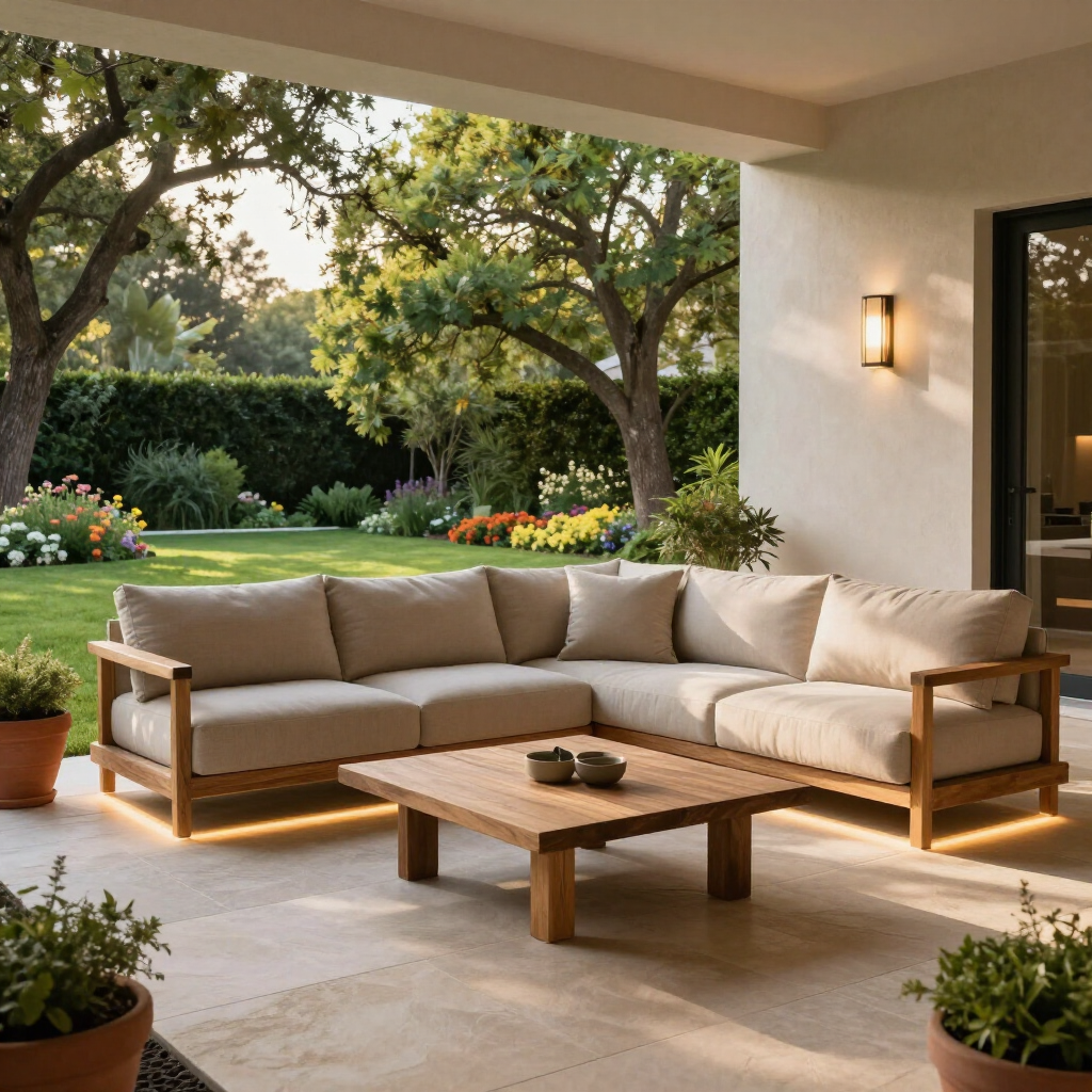 A beige sectional sofa and wooden coffee table sit on a patio overlooking a sunny garden with trees.
