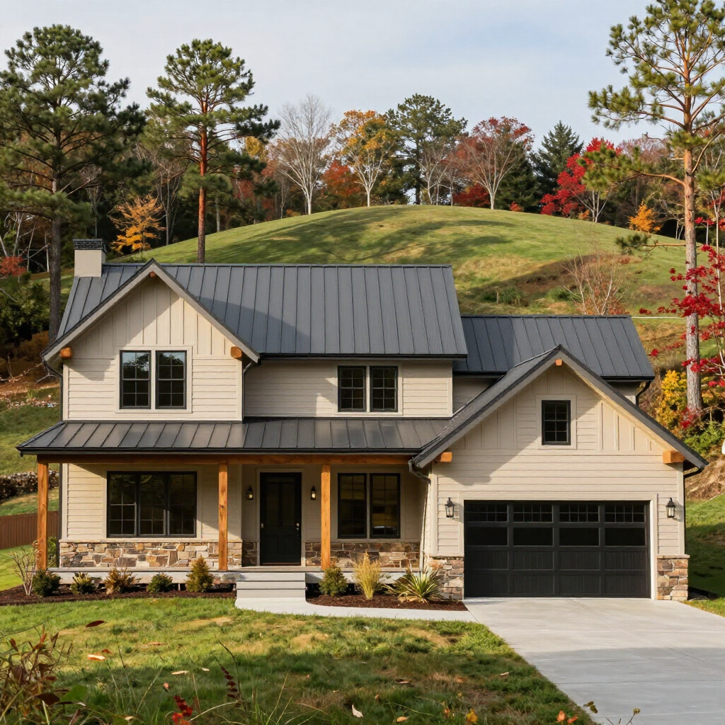 A two-story tan farmhouse with a dark metal roof, stone foundation, front porch, and garage, set against a grassy hill.